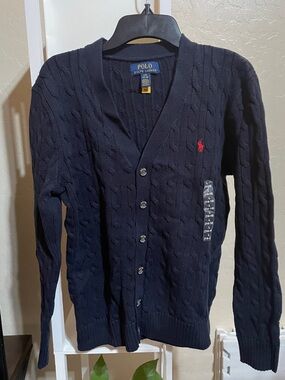 Polo by Ralph Lauren Navy Cable Knit Cardigan with Red Pony